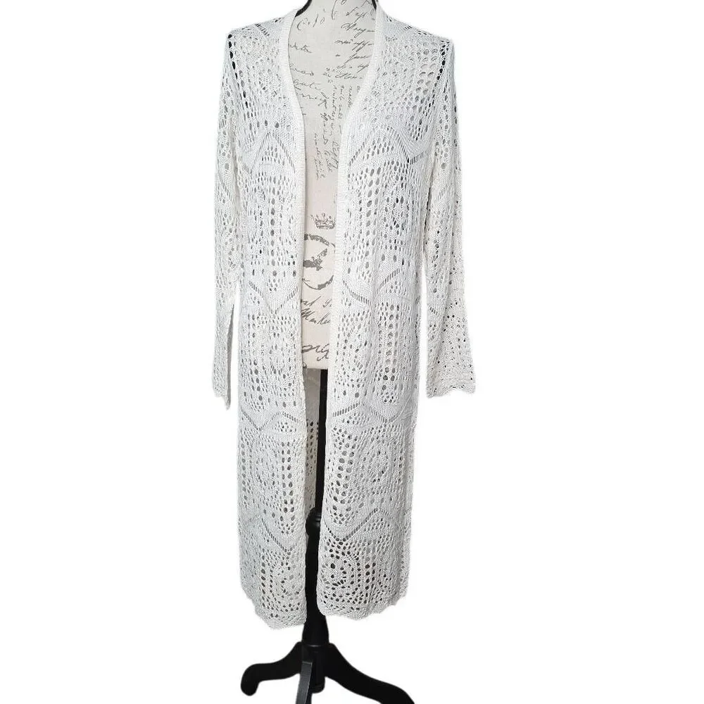 Chelsea & Theodore Women's Size Small Natural Cream Long Crochet Knit Cardigan